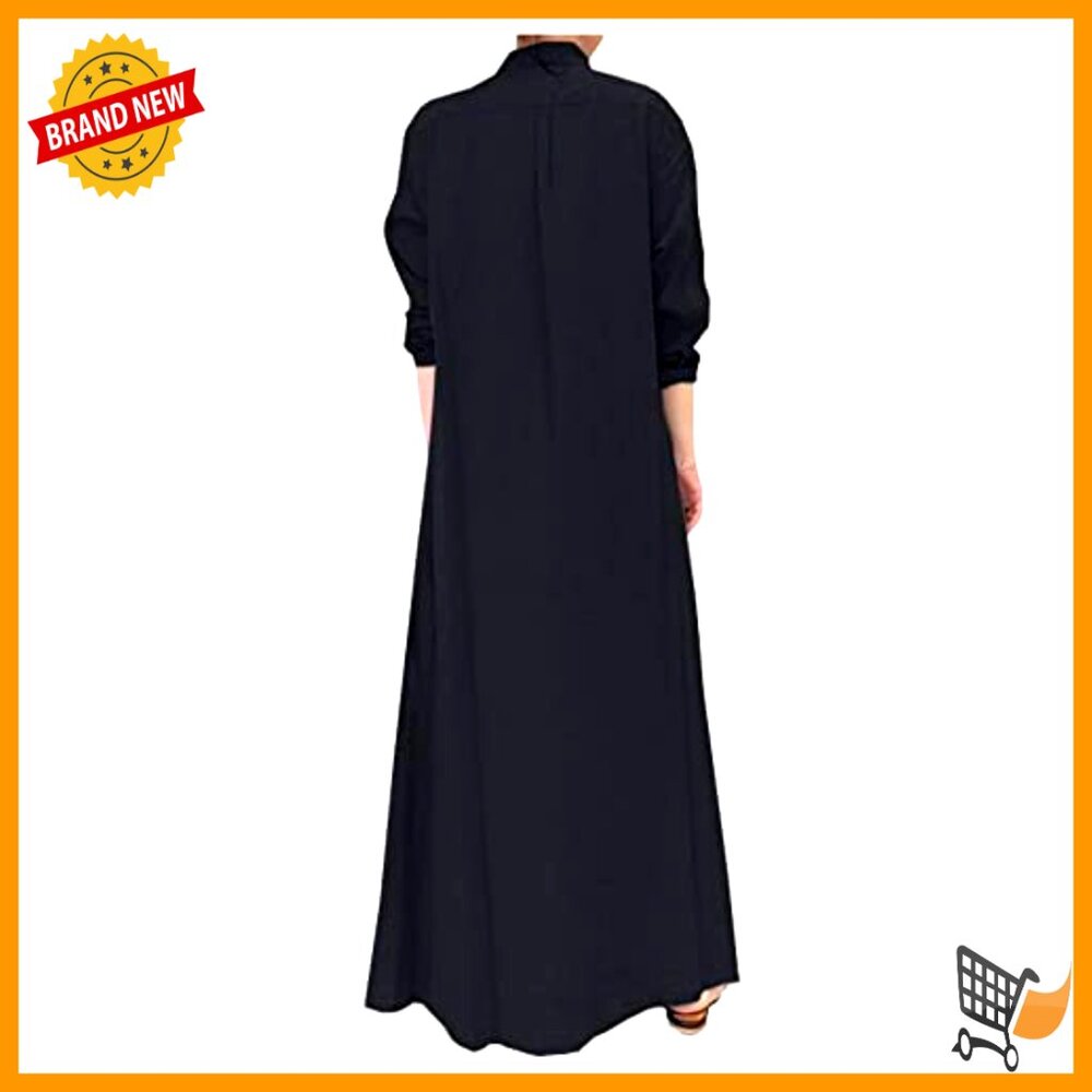 Cotton Linen Maxi Shirtdress Long Sleeve Button Down Casual Beach Dress Pockets - Picture 2 of 7